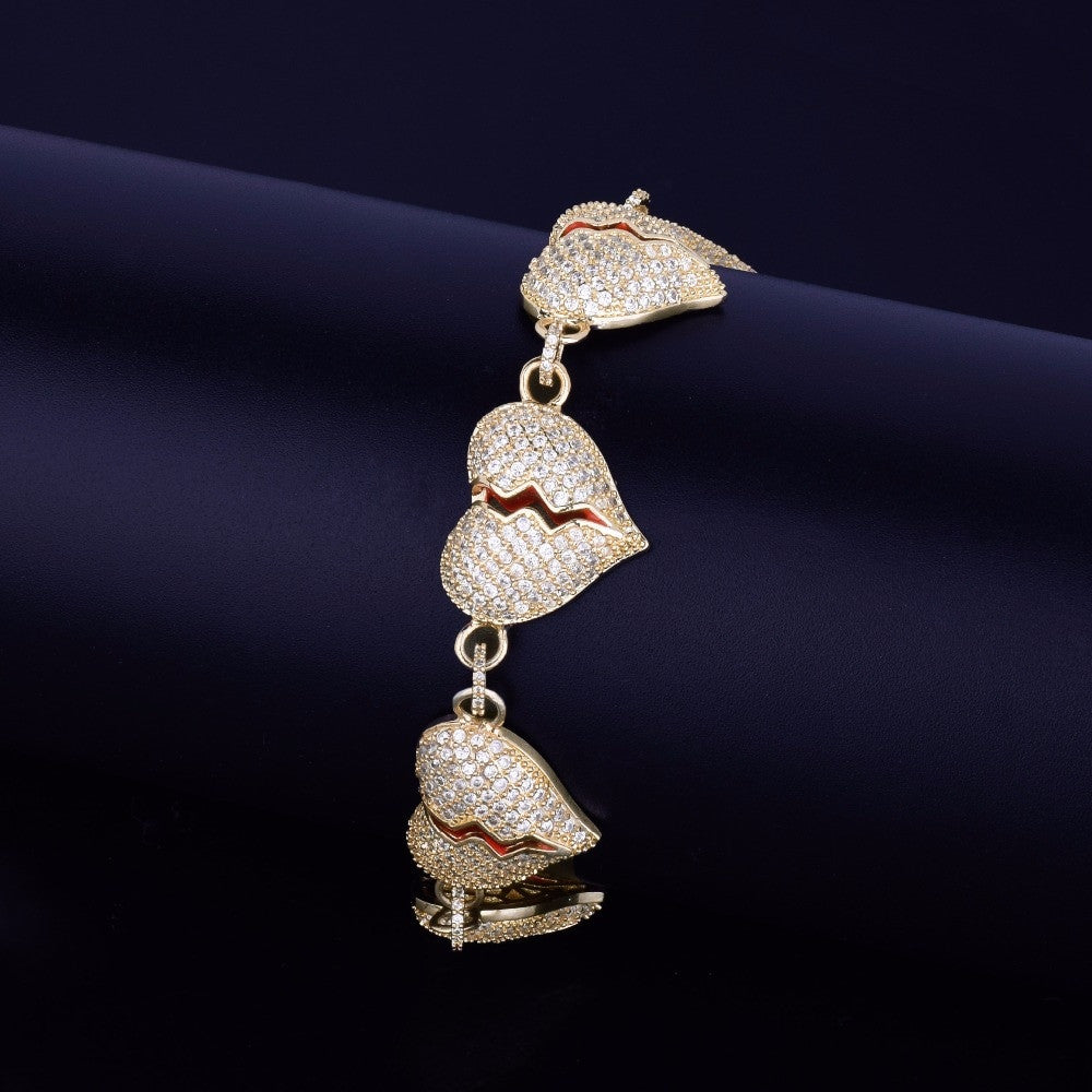 24k Gold .925 Silver Broken Heart Breaker True AAA Micro Pave Flooded Ice Hip Hop Bracelets