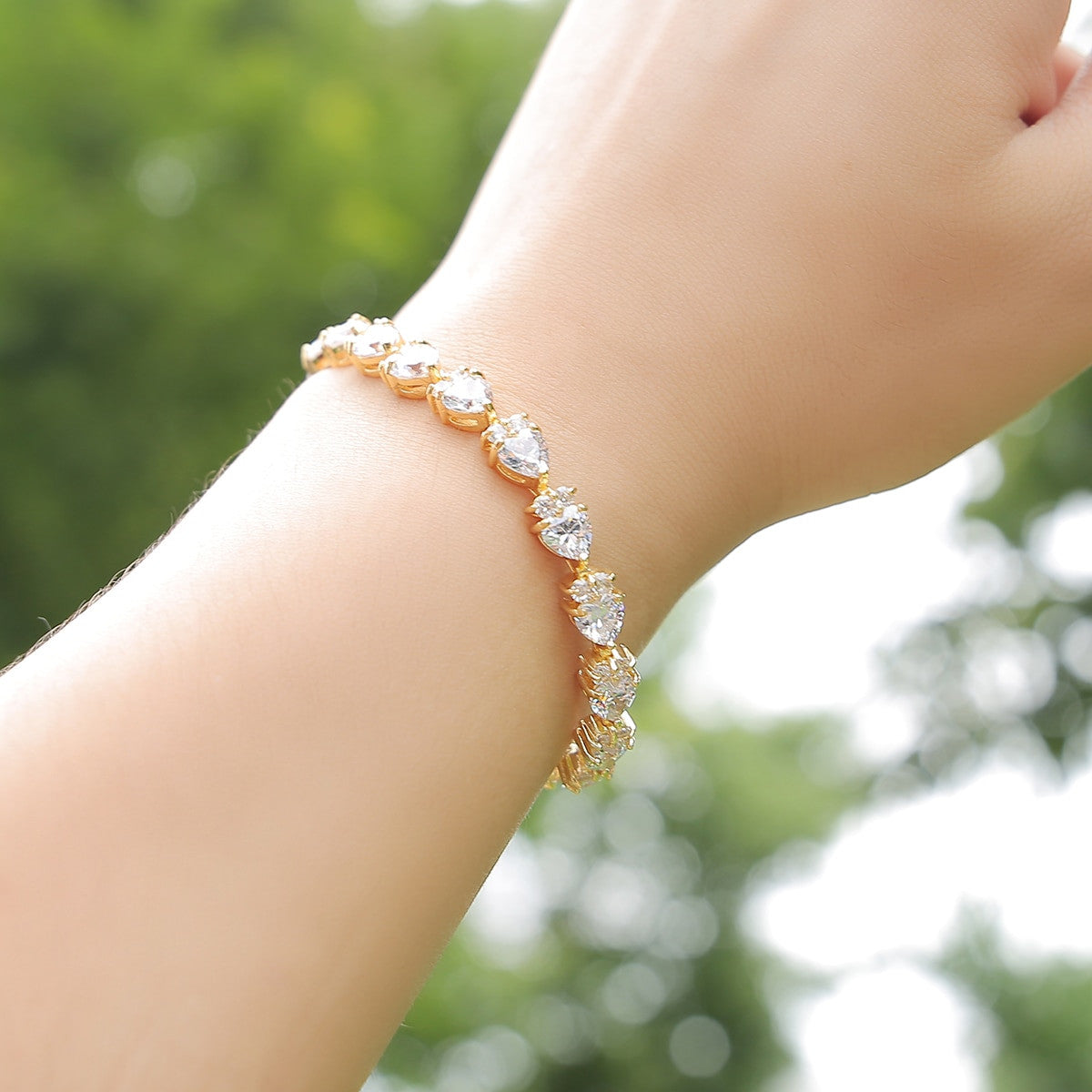 Ladies Soft Heart 24k Gold 925 Silver 8mm Double Cluster Stone Tennis Bracelets