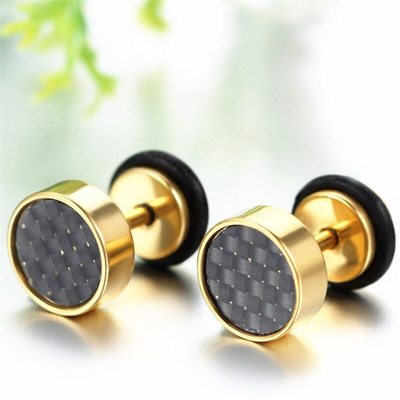 Stainless Steel Illusion Carbon Fiber Tunnel Plug Gold Silver Black Stud Screw Back Earrings