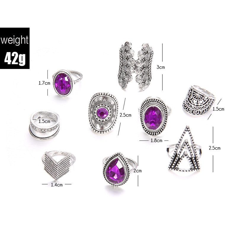 Ladies Personality Girl 9 Piece Triangle Arrow Sun Gemstone Crystal Silver Ring Jewelry Set