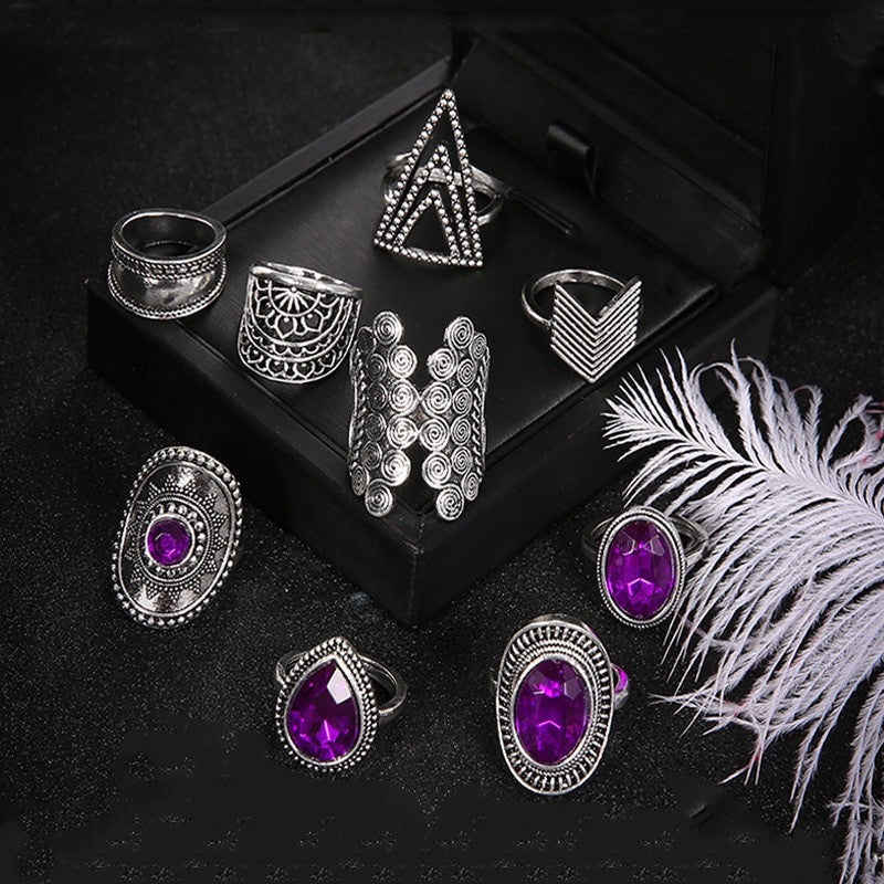 Ladies Personality Girl 9 Piece Triangle Arrow Sun Gemstone Crystal Silver Ring Jewelry Set