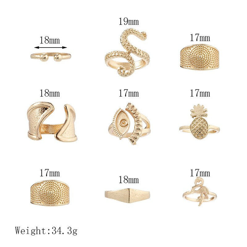 Ladies 9 Piece Retro Fashion Gold Octopus Pineapple Eye Gold Jewelry Ring Set