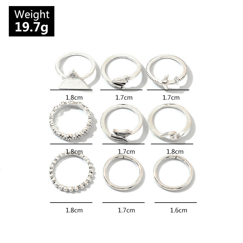 World Traveler 9 Piece Vintage Style Silver Triangle Leaf Airplane Arrow Fashion Ring Set