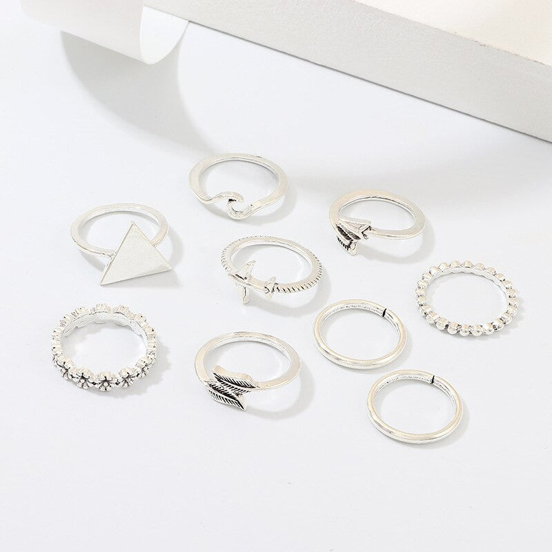 World Traveler 9 Piece Vintage Style Silver Triangle Leaf Airplane Arrow Fashion Ring Set