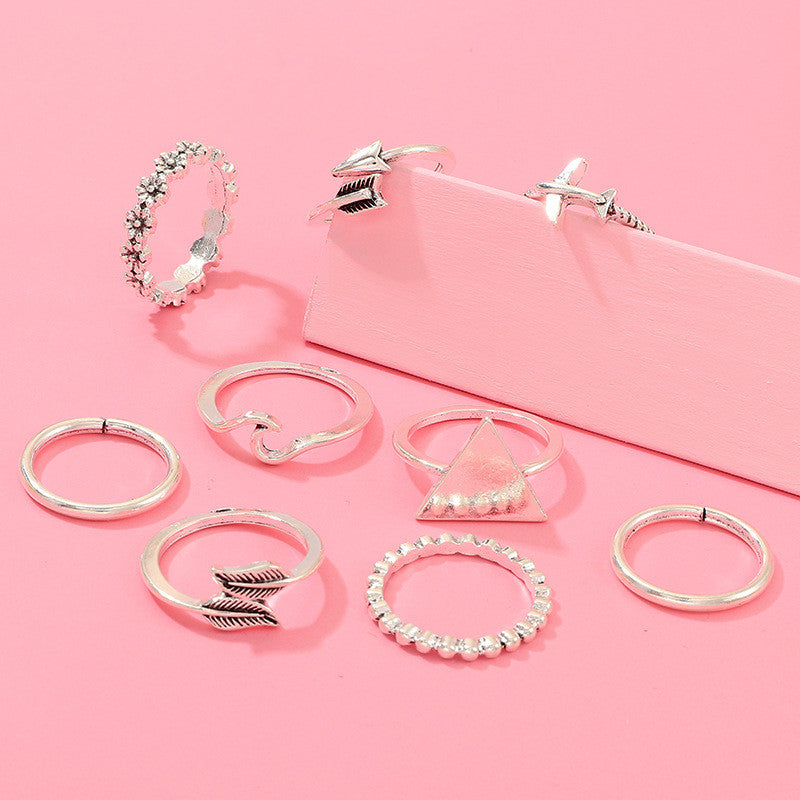 World Traveler 9 Piece Vintage Style Silver Triangle Leaf Airplane Arrow Fashion Ring Set