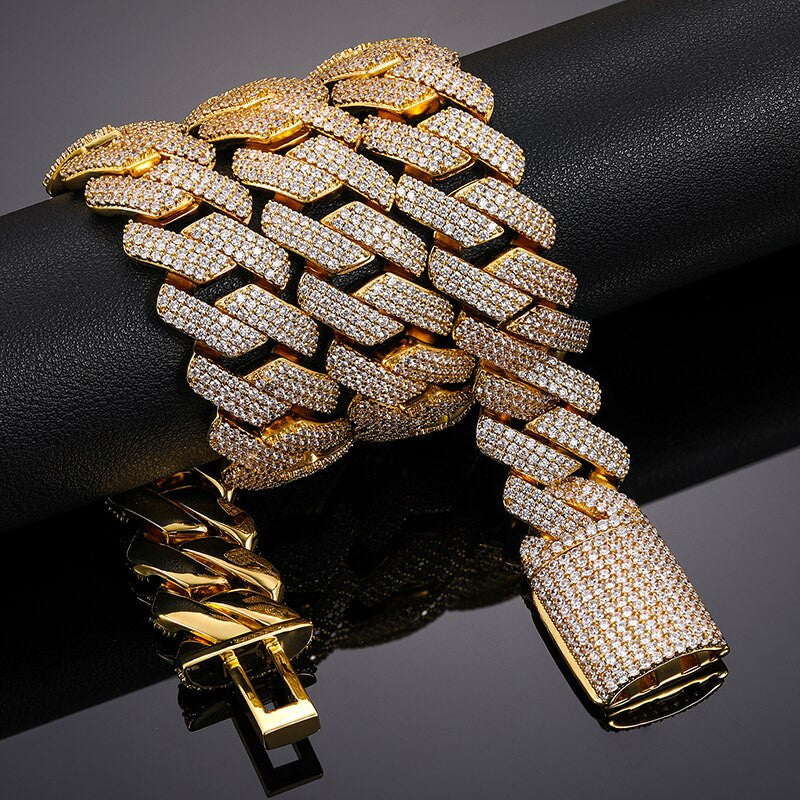 Mens VVS Simulate Diamond 3 Row Solid 925 Sterling Silver Miami Cuban Link Bracelet Chain Necklace