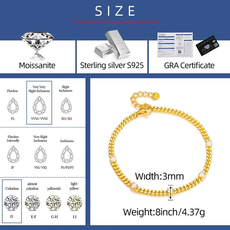 Solid 925 Sterling Silver 3mm Roud VVS Diamond Stone Miami Curb Cuban Link Bracelets