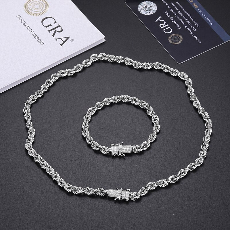 Jewelry Vvs Rope Chain Mens Solid Sterling Silver VVS Lab Diamond