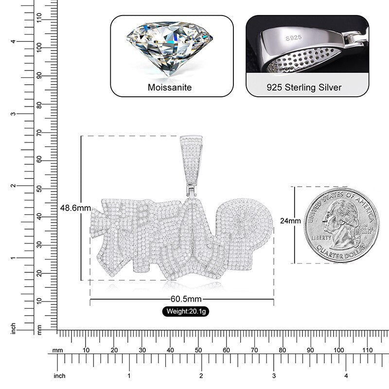 Genuine VVS Lab Diamond Solid Sterling Silver Trap Cross Gun Prayers Hands Hip Hop Chain