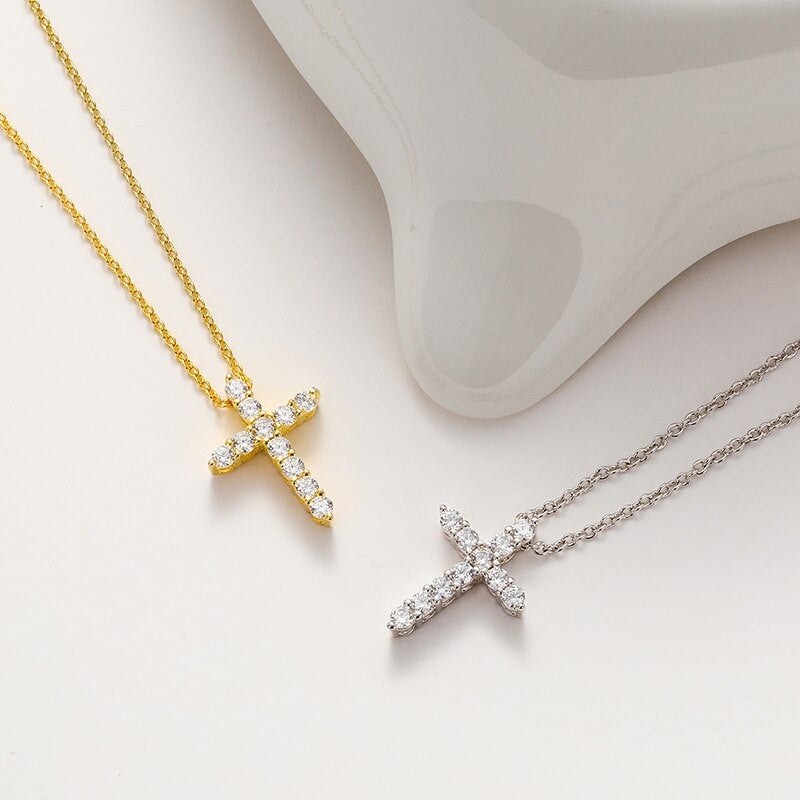 Ladies Genuine 925 Sterling Silver Diamond Simulate Cross Pendant Chain Necklace
