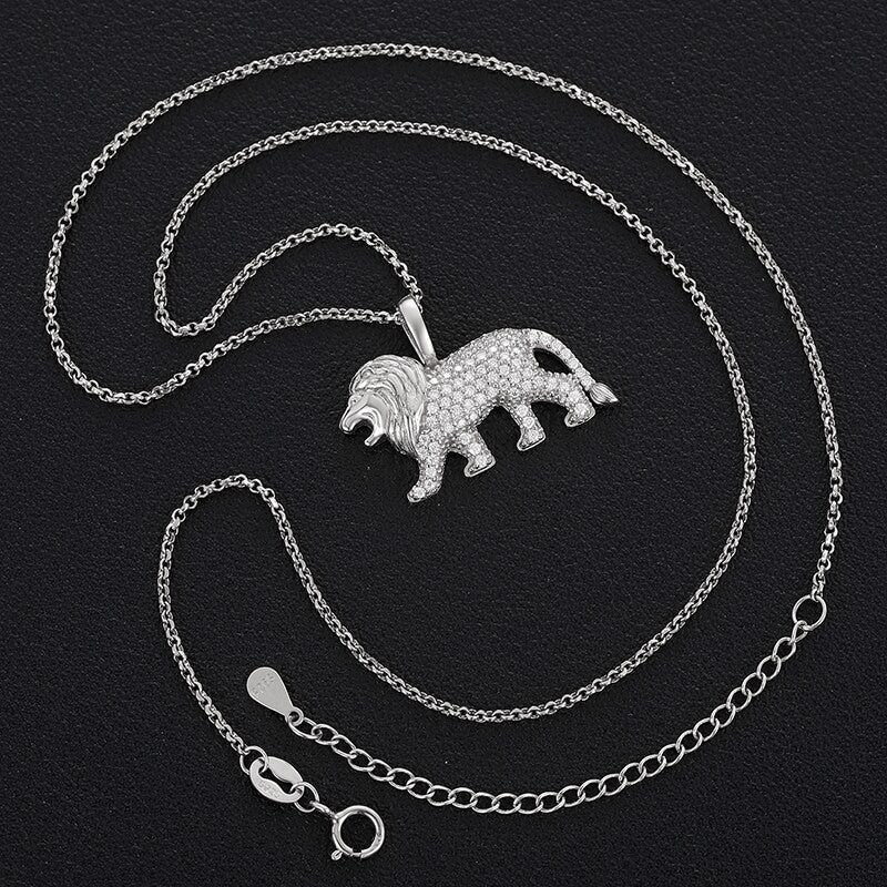 925 Sterling Silver Genuine VVs Diamond Lion Pendant Chain Necklace
