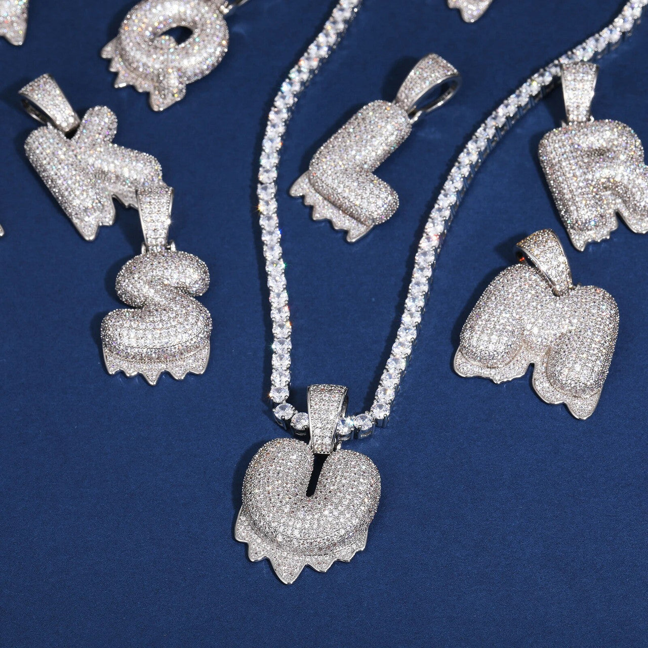 Solid 925 Sterling Silver VVS Moissanite Diamond Bubble Letter Hip Hop Initial Drip Pendants