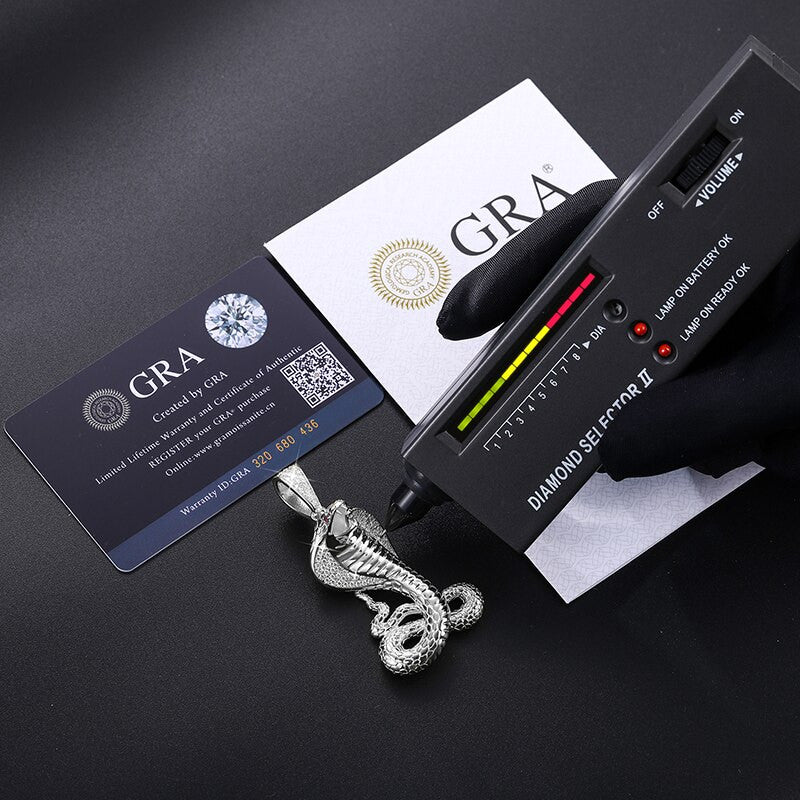 Solid Sterling Silver VVS Genuine Lab Diamond King Cobra Hip Hop Chain Pendant