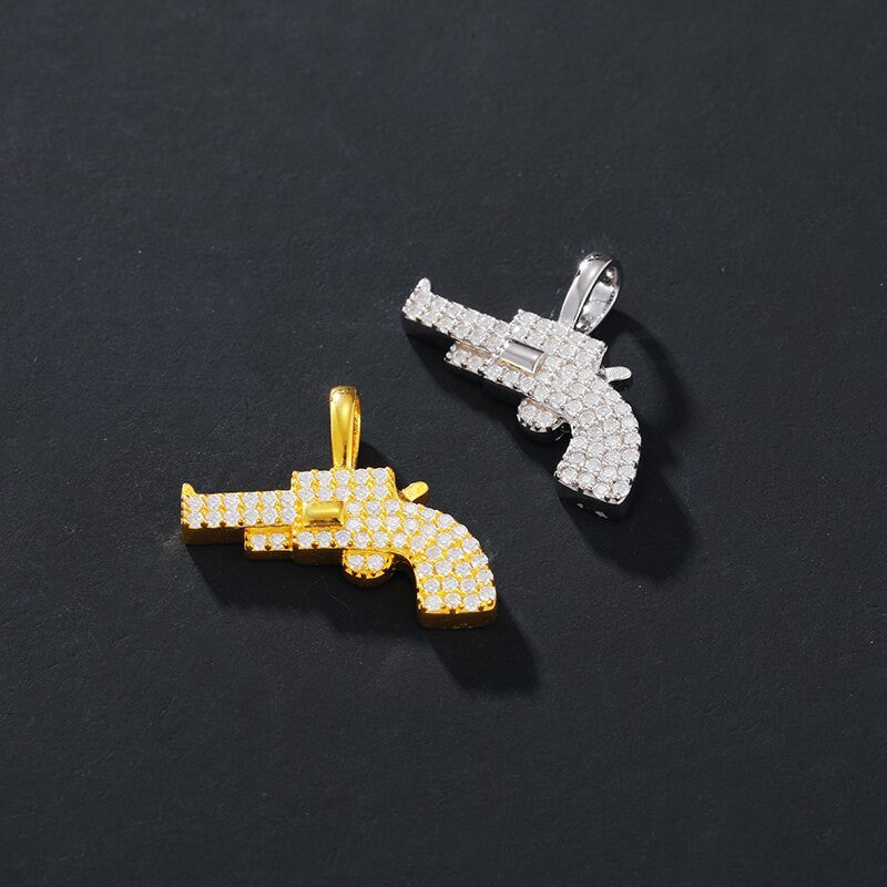 Solid 925 Silver Genuine VVS Diamond Wild West Revolver Hip Hop Pendant Chain Necklace