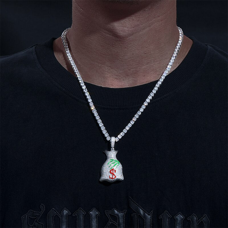 Genuine VVS Lab Diamond Secure The Money Bag Glow in The Dark Skull Hand Hip Hop Chain Pendant