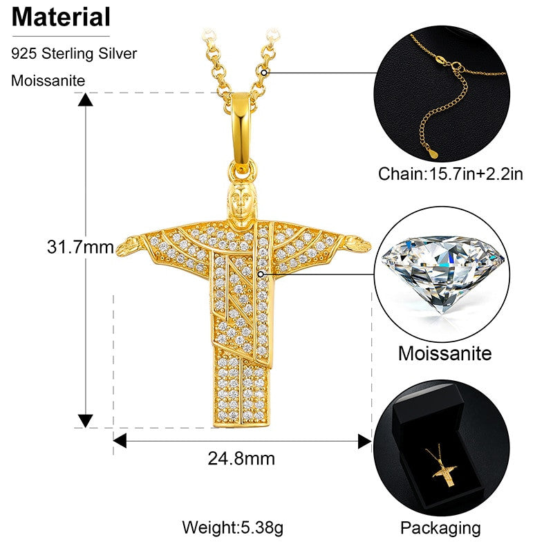 Solid 925 Silver Genuine VVS Diamond Moissanite Stone Christ The Redeemer Spiritual Pendant