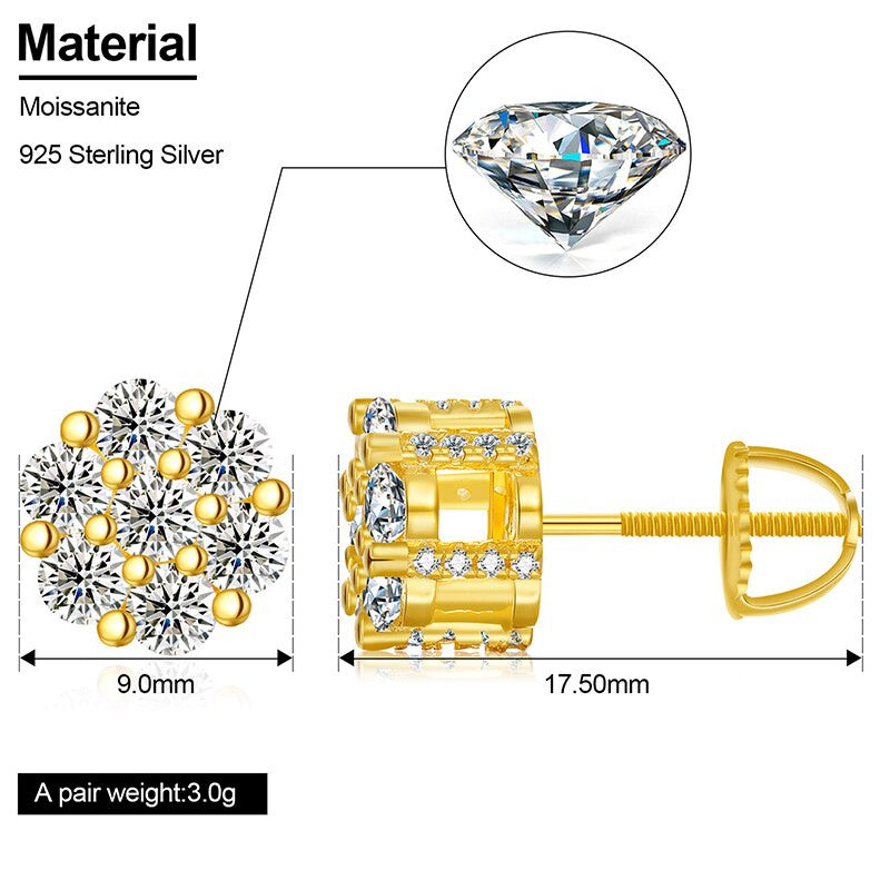 18k Over Solid 925 Sterling Silver Genuine VVS Diamond 7 Stone Iced Blinged Out Earrings