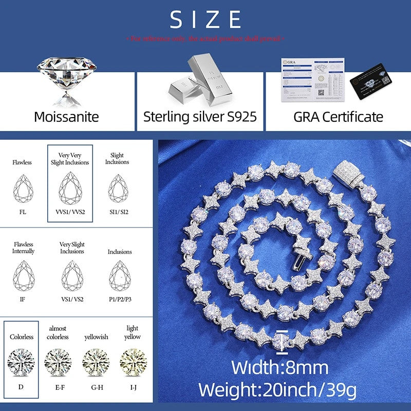 Solid Sterling Silver Circle Star Diamond Moissanite Iced Hip Hop Chain Necklace