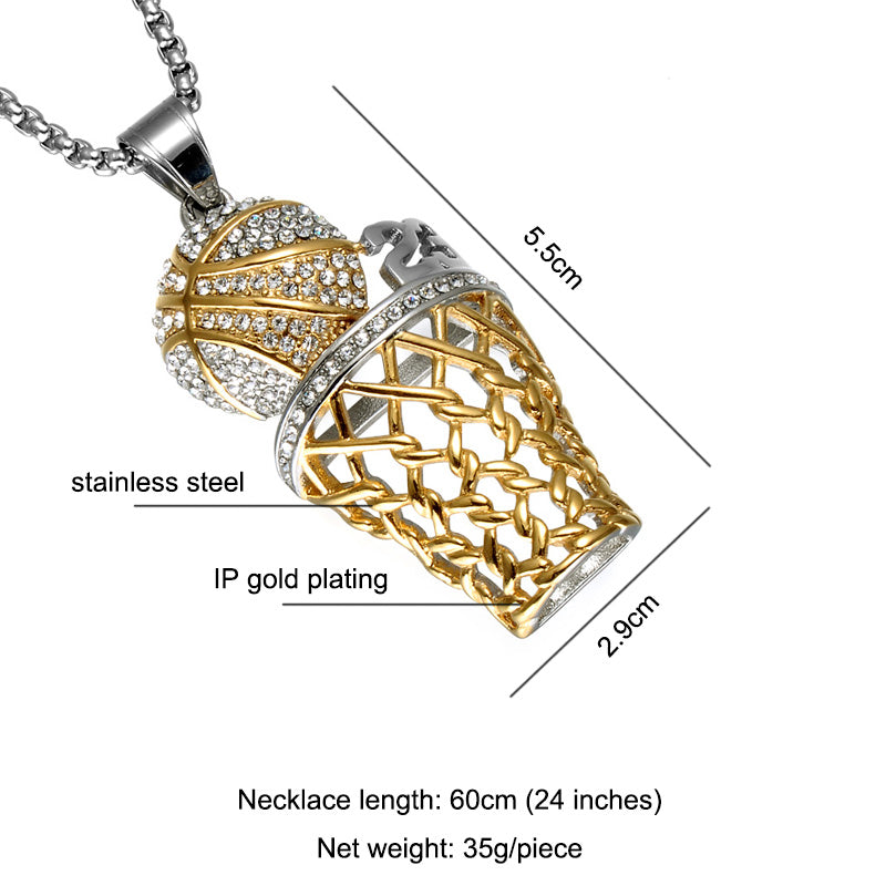 Hip Hop 18k Gold Full Simulated Diamond 316L Stainless Steel Basketball Chain Pendant