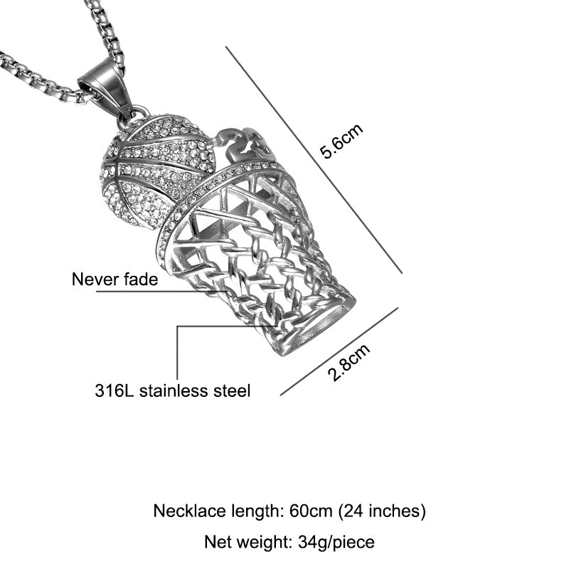 Hip Hop 18k Gold Full Simulated Diamond 316L Stainless Steel Basketball Chain Pendant