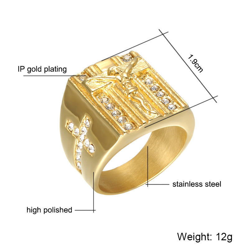 Mens Iced Out Gold Titanium Stainless Steel Crucifix Jesus Simulated Diamond Cross Ring