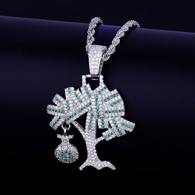 18k Gold .925 Silver Mens Iced AAA True Micro Pave Money Tree Hip Hop Chain Pendant