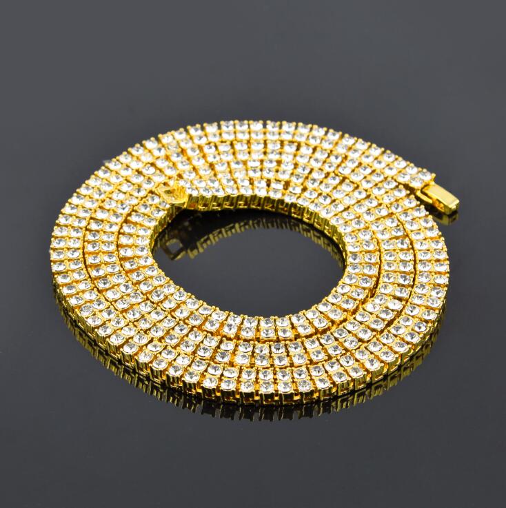 Mens Hip Hop Flooded Ice Bling 9mm 2 Row 14k Gold Silver Black Tennis Chain Necklace