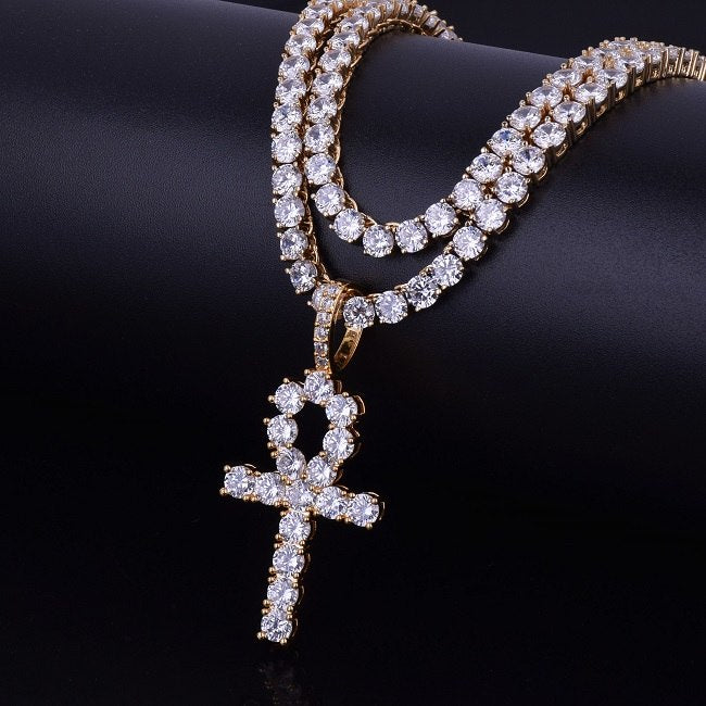 22k Gold .925 Silver Ankh Cross AAA Handset Micro Pave Tennis Chain Pendant