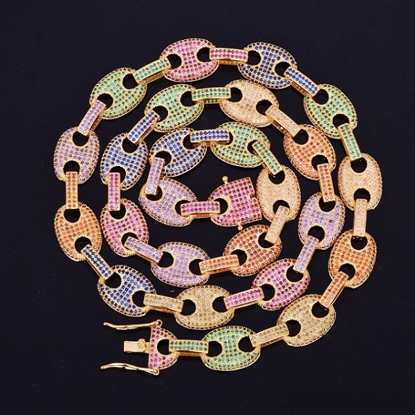 18k Gold .925 Silver 12mm Mixed Color AAA Micro Pave Marina G-Link Hip Hop Chain Necklace