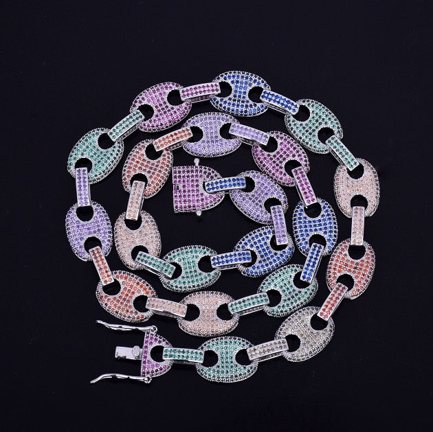 18k Gold .925 Silver 12mm Mixed Color AAA Micro Pave Marina G-Link Hip Hop Chain Necklace