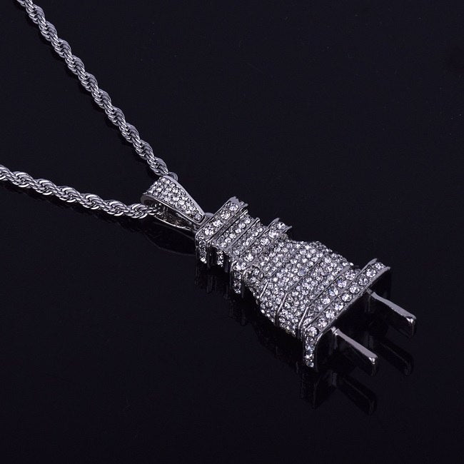 .925 Silver 18k Gold Men's AAA True Micro Pave Flooded Ice Power Plug Hip Hop Pendant Necklace