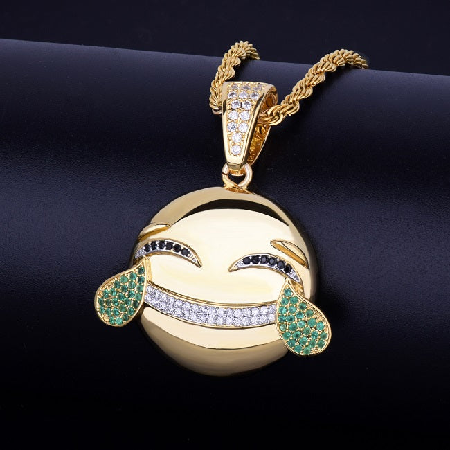 Happy Emoji 18k Gold Silver AAA True Micro Pave Hip Hop Pendant Chain Necklace