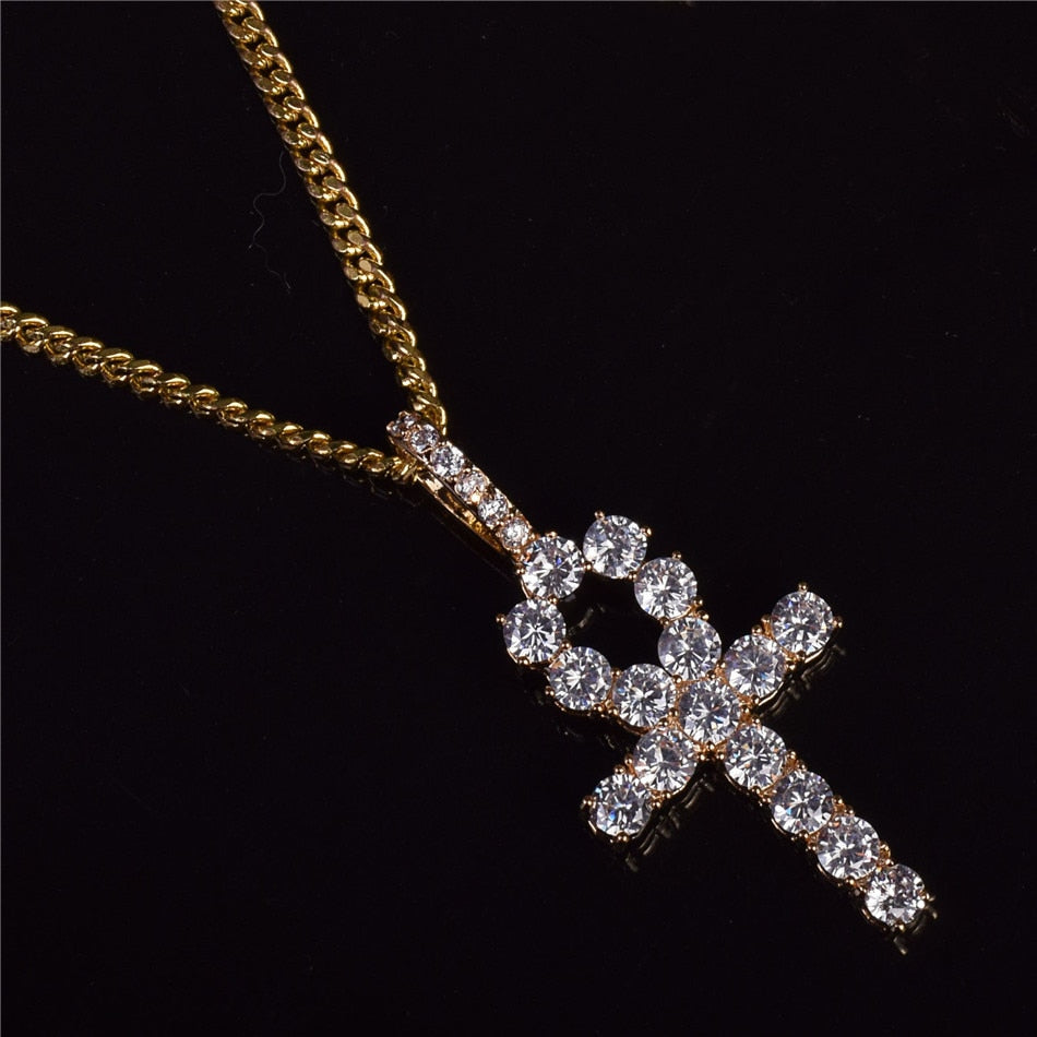 Flooded Ice Key Of Life 22k Gold Silver Rose Gold African Egyptian Ankh Cross Pendant Chain Necklace