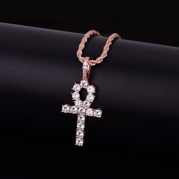 Flooded Ice Key Of Life 22k Gold Silver Rose Gold African Egyptian Ankh Cross Pendant Chain Necklace