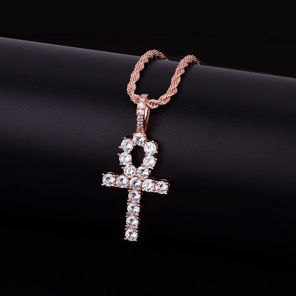 Flooded Ice Key Of Life 22k Gold Silver Rose Gold African Egyptian Ankh Cross Pendant Chain Necklace