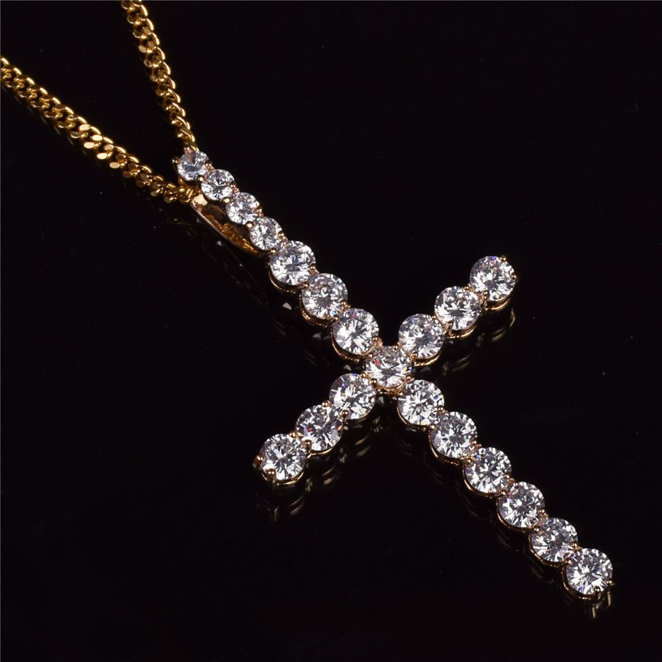 22k Gold .925 Silver AAA Micro Pave Bling Bling All Ice Cross Chain Pendant