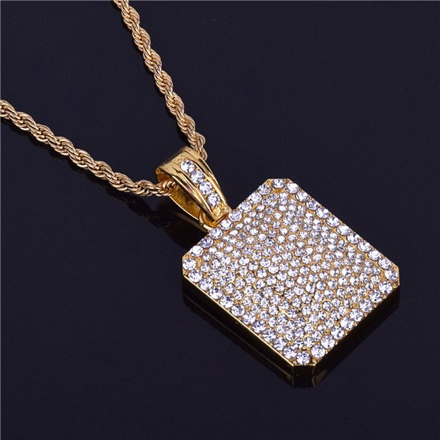 Flooded Ice 14k Gold .925 Silver Square Dog Tag Hip Hop Chain Pendant