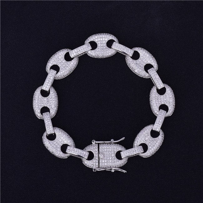 Mens Iced Out 12MM 24k Gold 925 Silver G Link Hip Hop Bracelet