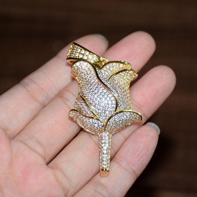 VVS Diamond CZ Micro Pave 18K Gold .925 Silver Rose Flower Petal Flooded Ice Pendant