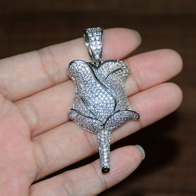 VVS Diamond CZ Micro Pave 18K Gold .925 Silver Rose Flower Petal Flooded Ice Pendant