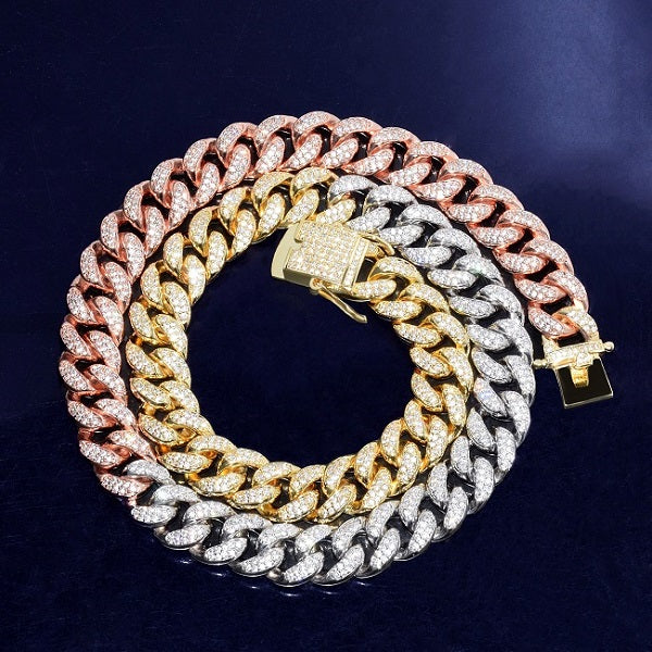 Mens 12mm Iced Out Mixed Color Rose Gold Silver Hip Hop Cuban Link Chain Necklace