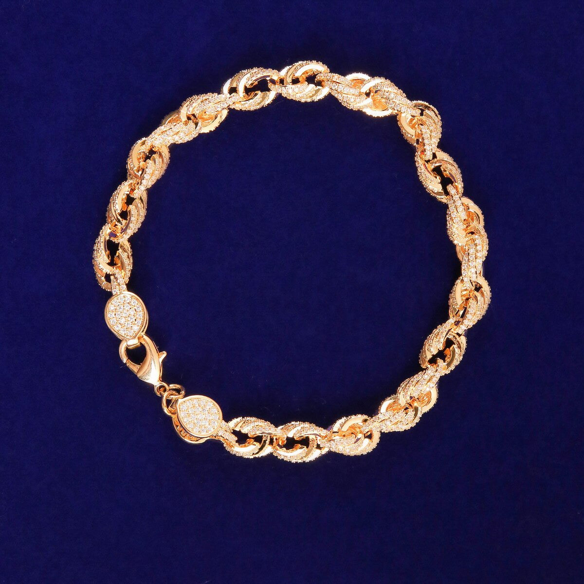 24k Gold 925 Silver 9mm Flooded Ice AAA Stone Rope Link Hip Hop Bracelet