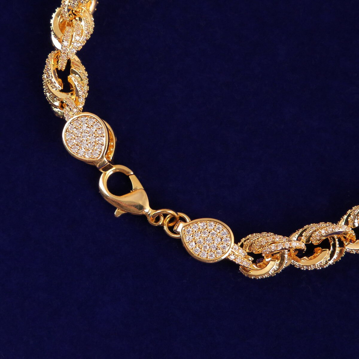 24k Gold 9mm Flooded Ice AAA Stone Rope Link Hip Hop Bracelet