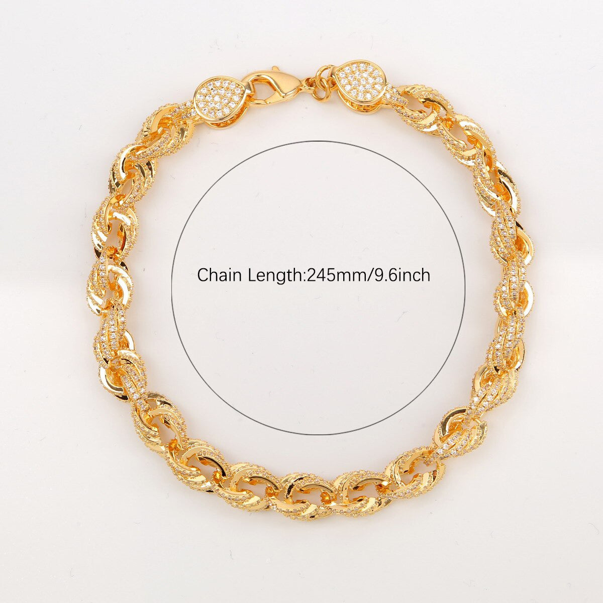 24k Gold 925 Silver 9mm Flooded Ice AAA Stone Rope Link Hip Hop Bracelet