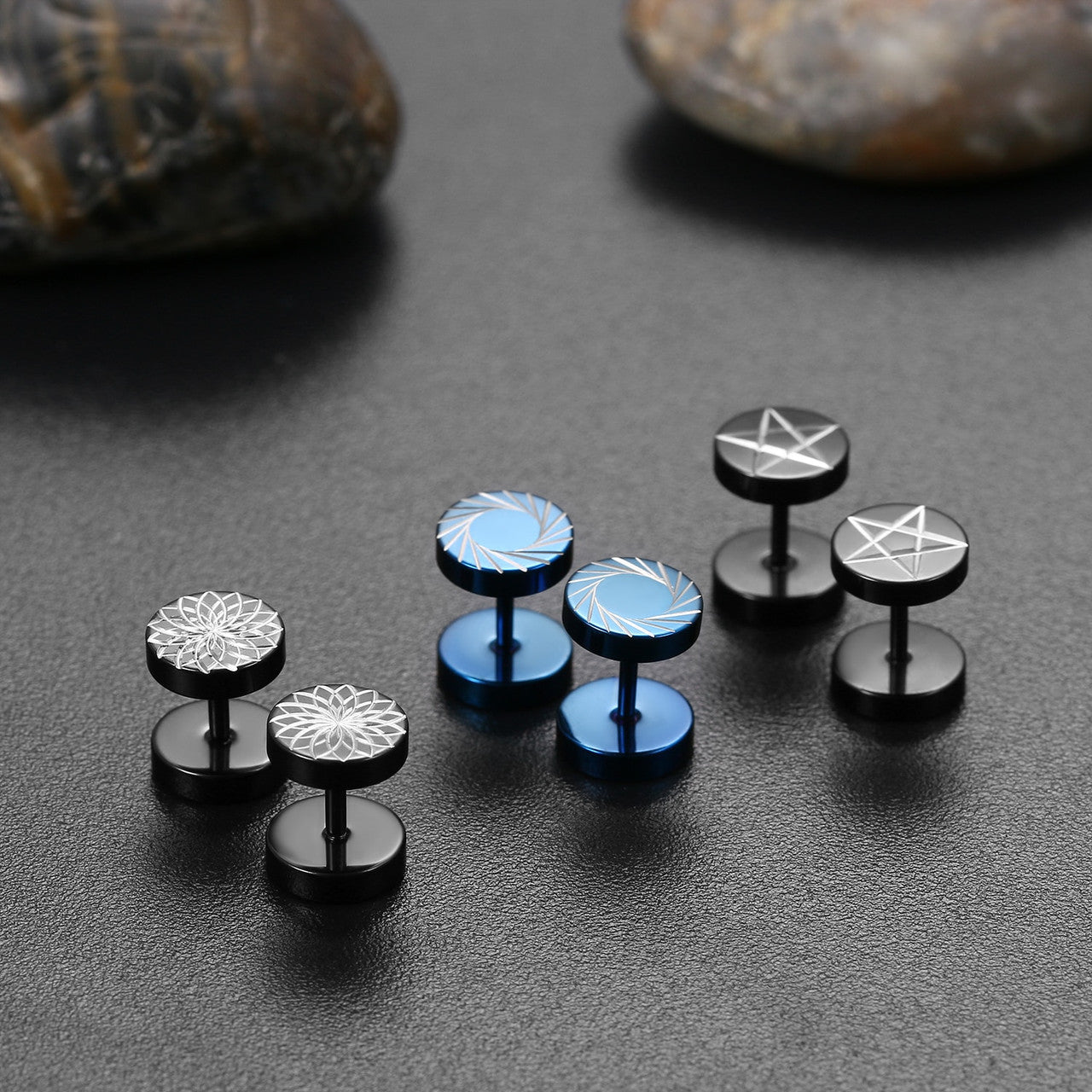 Mens Barbell Dumbbell Cyclone Design Silver Black Blue Stainless Steel Earrings