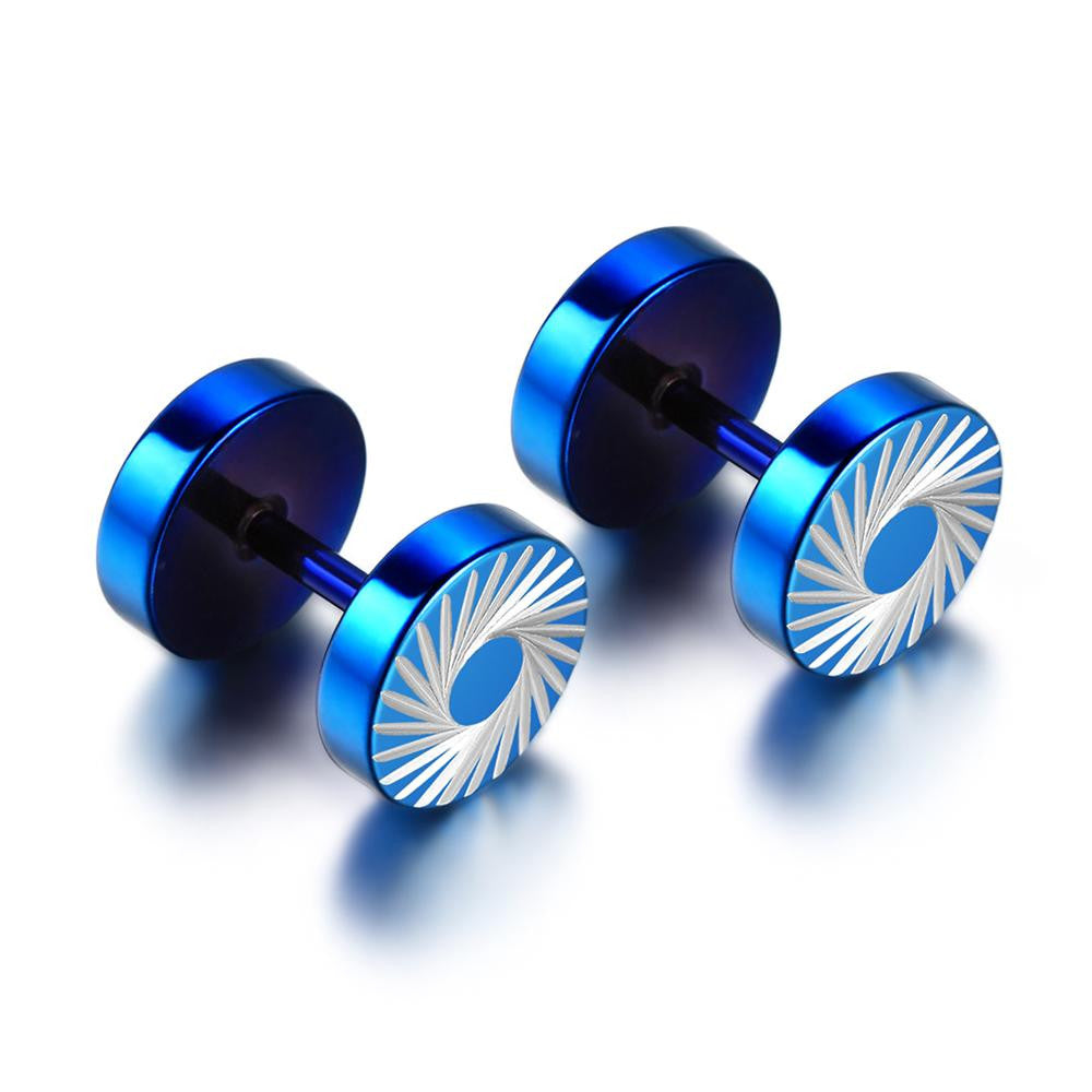 Mens Barbell Dumbbell Cyclone Design Silver Black Blue Stainless Steel Earrings