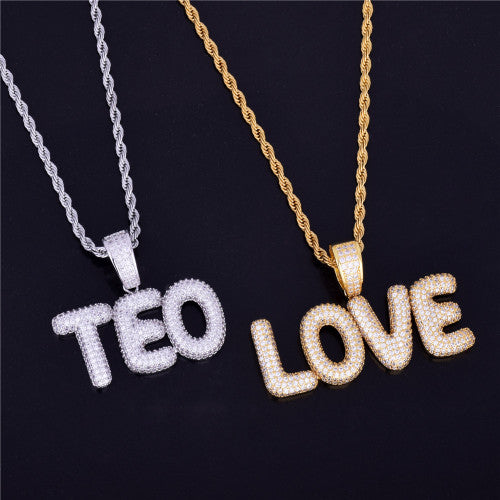 AAA True 18k 925 Silver Micro Pave Custom Name Small Bubble Letters Pendant Chain Necklace