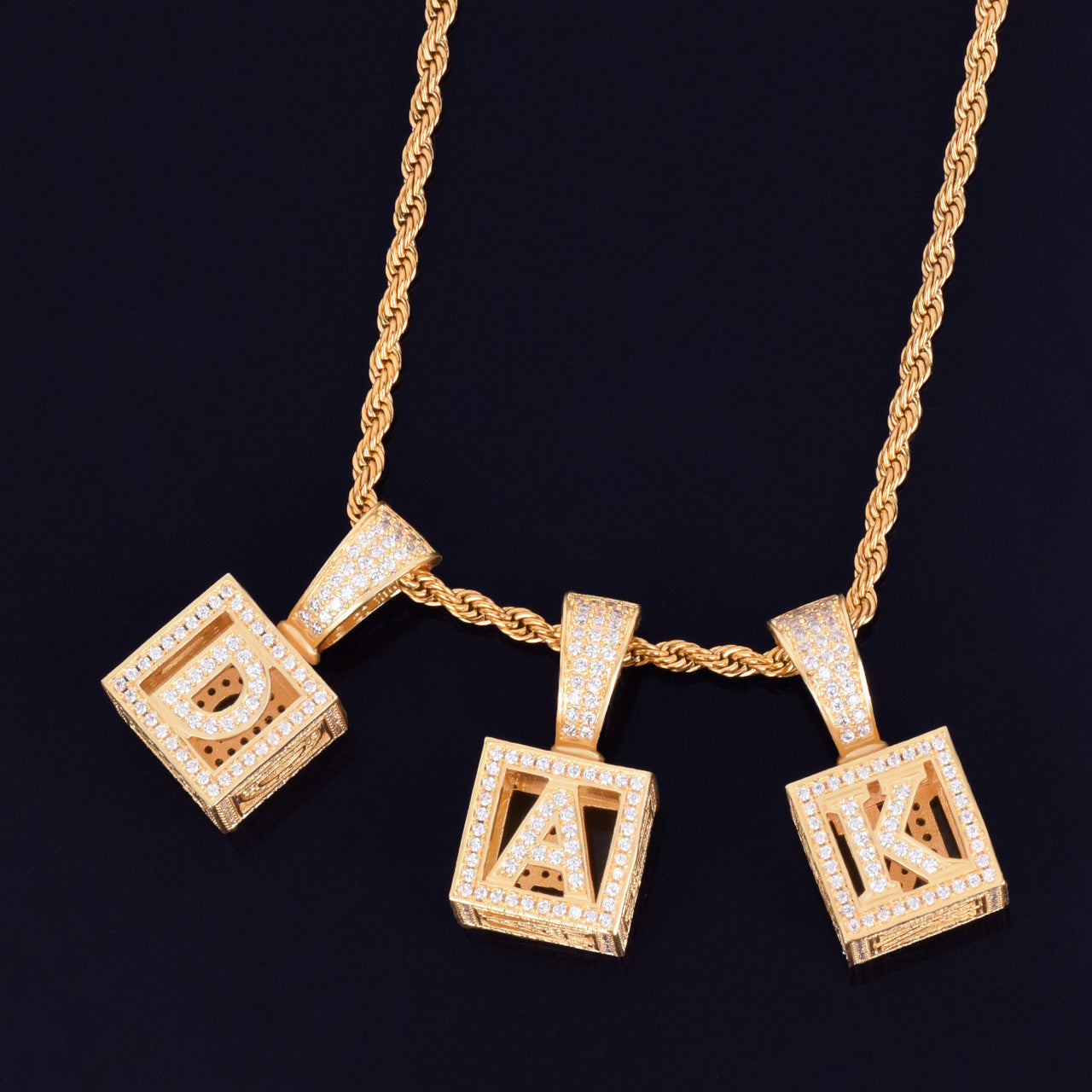 18k Gold .925 Silver Stereoscopic Square Flooded Ice Initial Letter AAA Micro Pave Pendant Chain Necklace