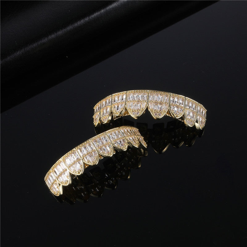 Mens Street Wear Baguette Iced Top Bottom 14k 925 Silver Blinged Out Grillz