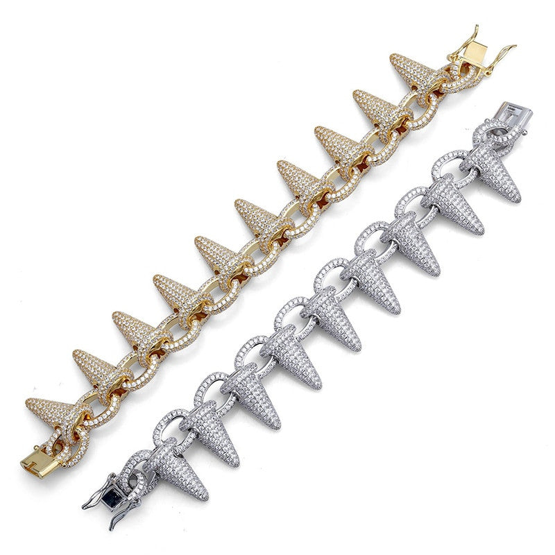 Mens AAA Flooded Ice Micro Pave Stone 24k Gold Silver Rivet Spike Bracelet